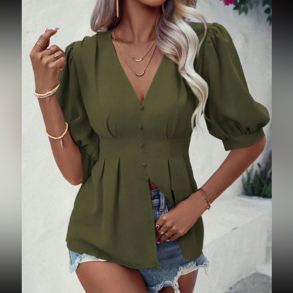 Boho army green puff sleeve pleated detail blouse